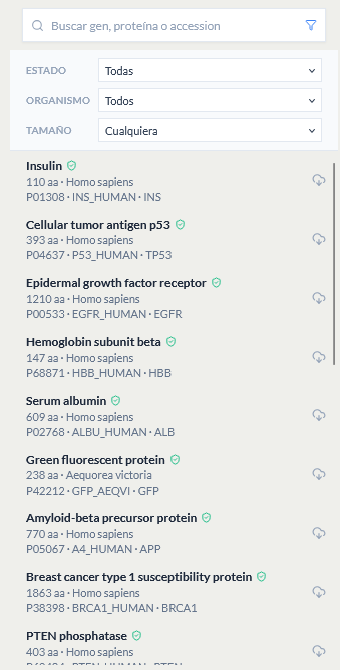 Biblioteca de proteínas de GARA con un buscador y resultados como Insulina, p53 o EGFR.