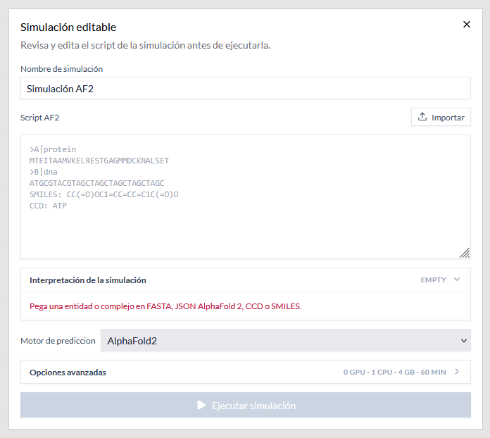 Formulario de simulación editable de GARA con secuencias FASTA, selección de motor y opciones avanzadas.